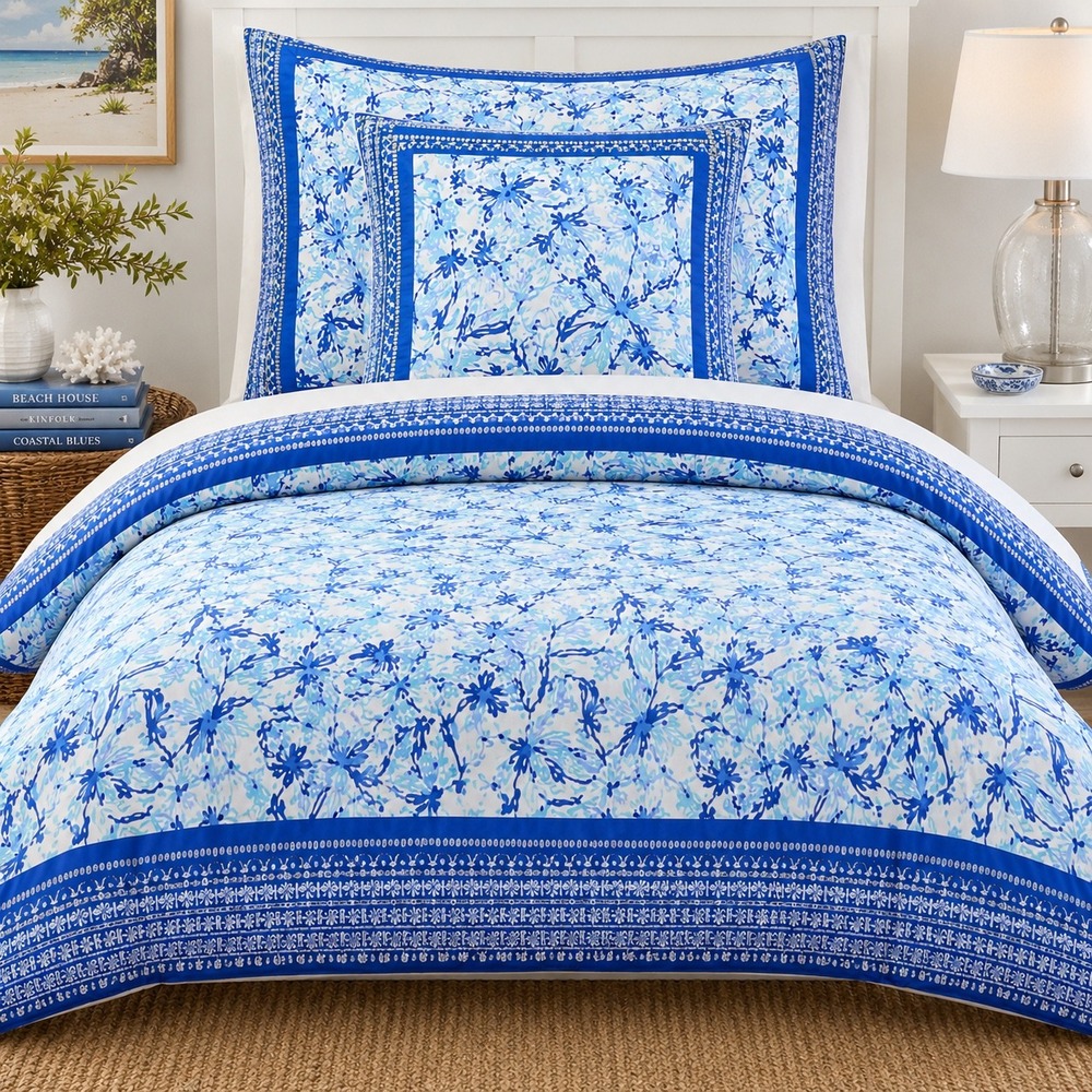Lilly Pulitzer for PB Teen Twin Duvet Cover Blue Tropical Palm Print 100% Cotton